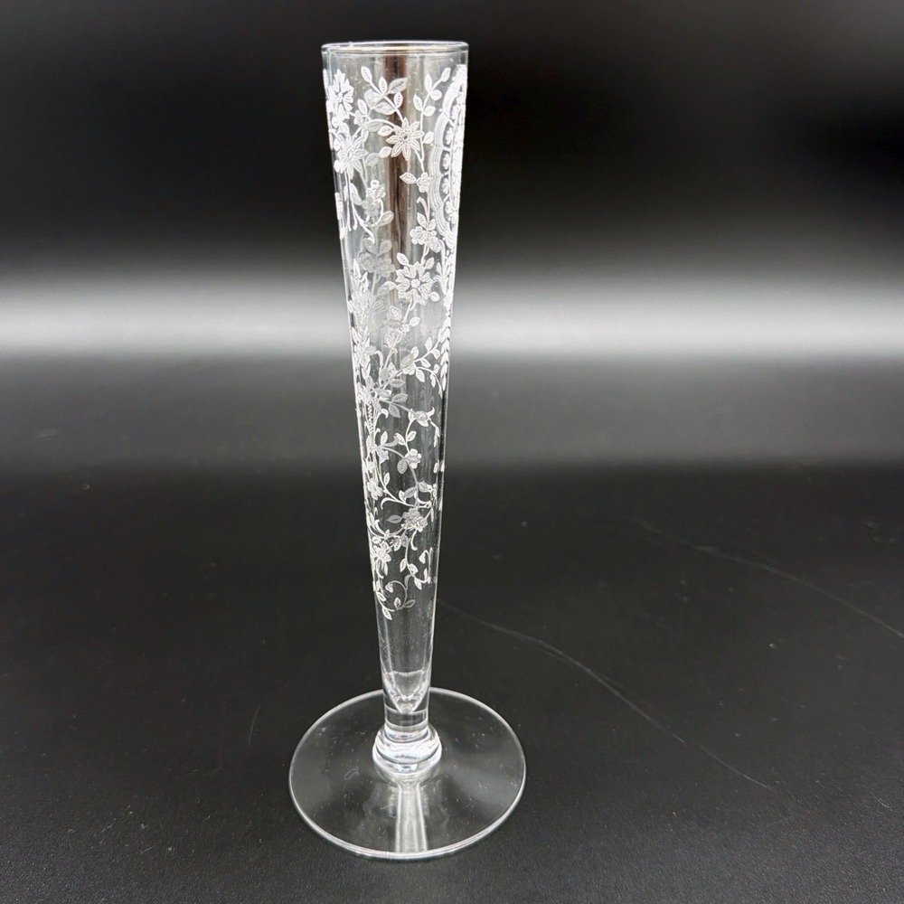 Tiffin June Night Glass Bud Vase Floral Etched Oval Medallion Pedestal